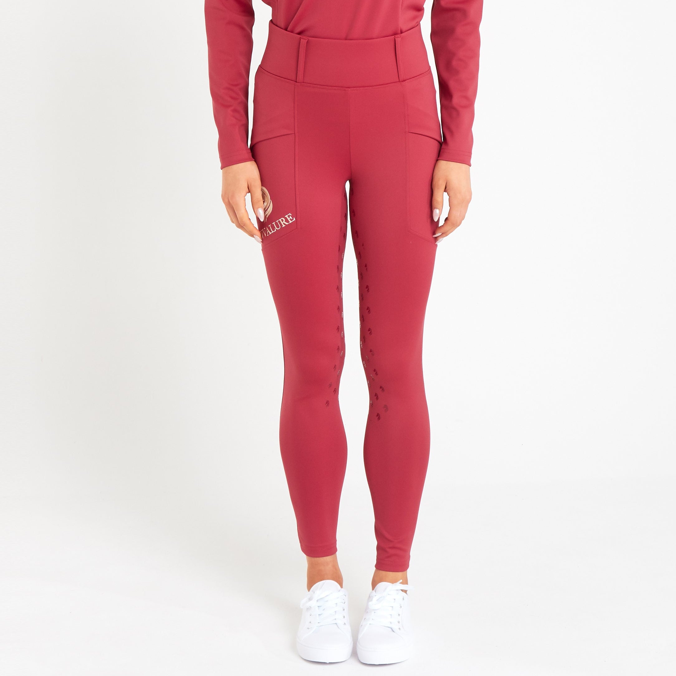 Cavvalure Red full grip equestrian riding leggings – front view