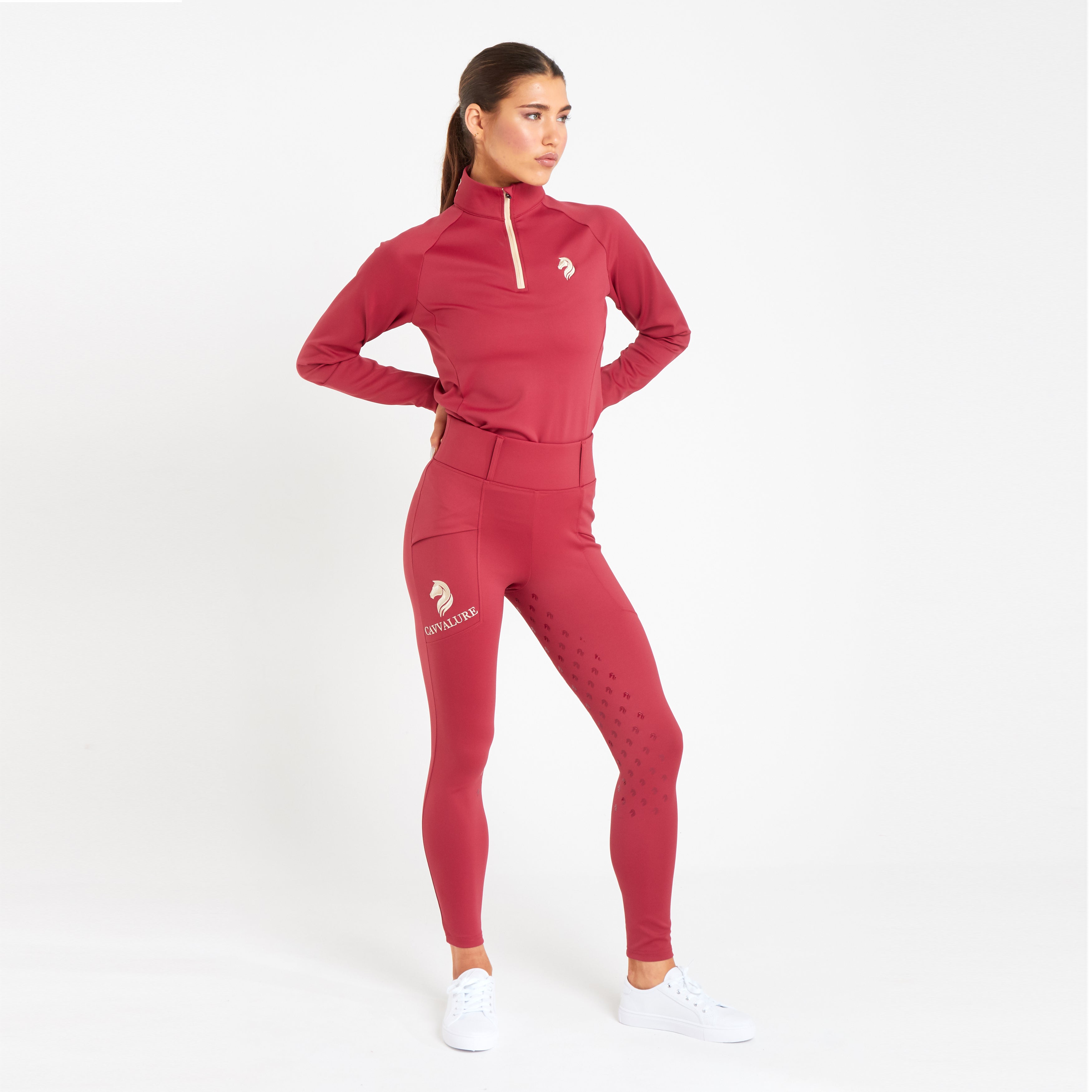 Cavvalure Red full grip equestrian riding leggings – detail view