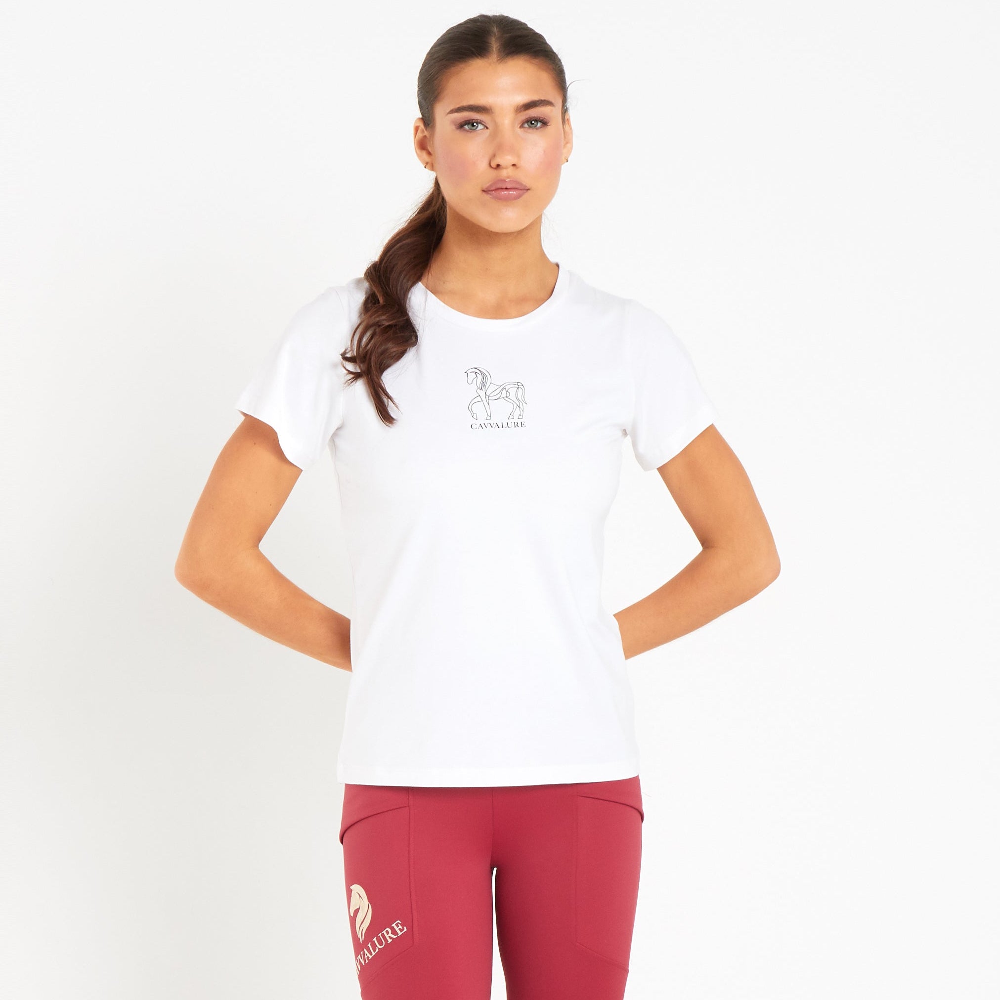 Cavvalure Porcelain Frost bamboo equestrian T-shirt – front view on model