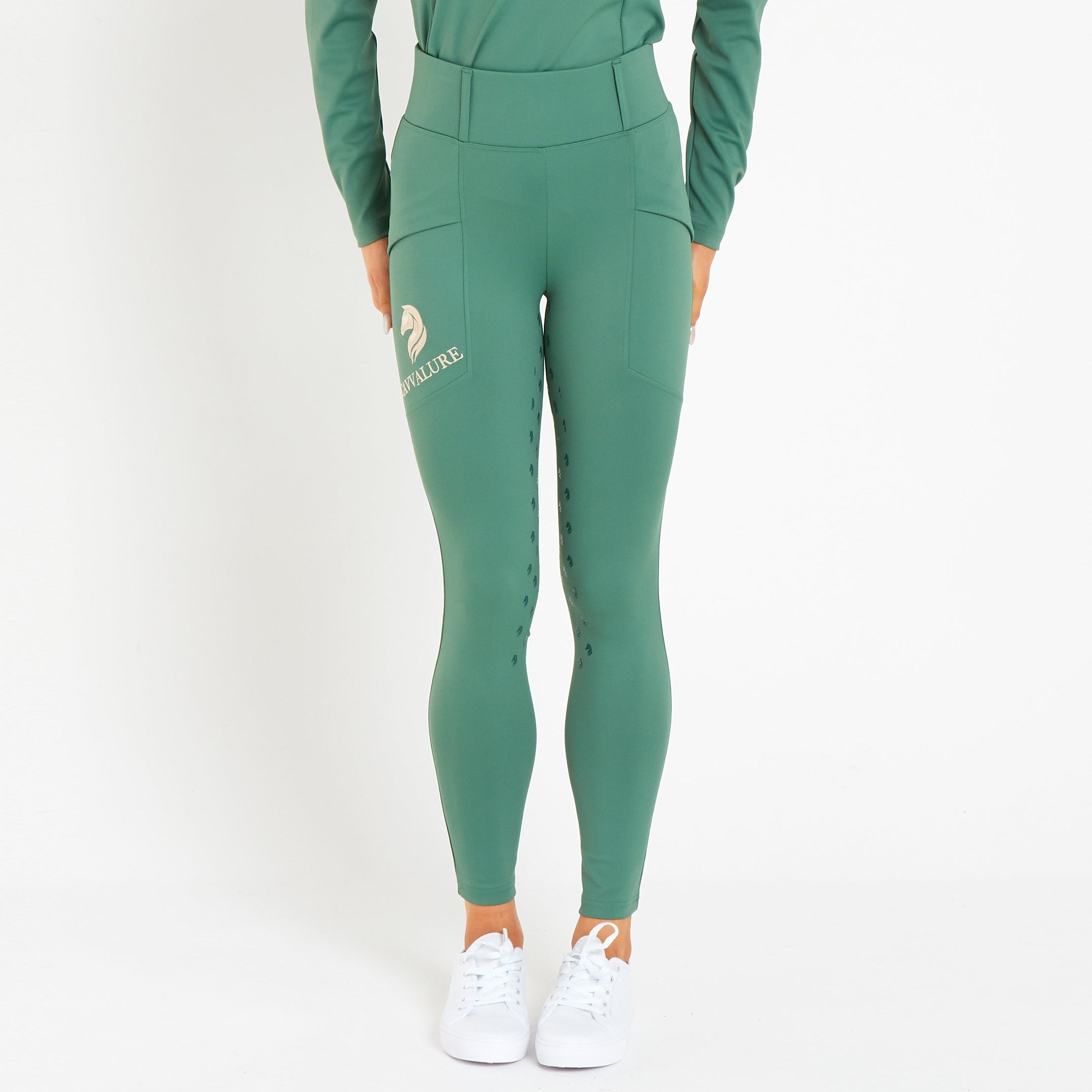 Cavvalure Green full grip equestrian riding leggings – front view