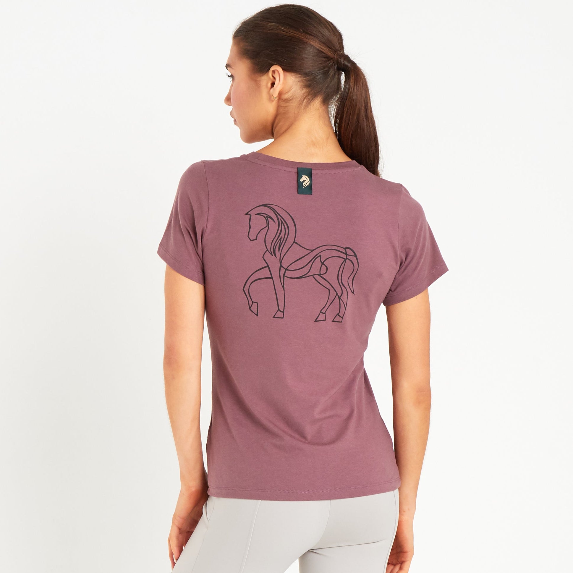Cavvalure Plum Vale bamboo equestrian T-shirt – back view on model