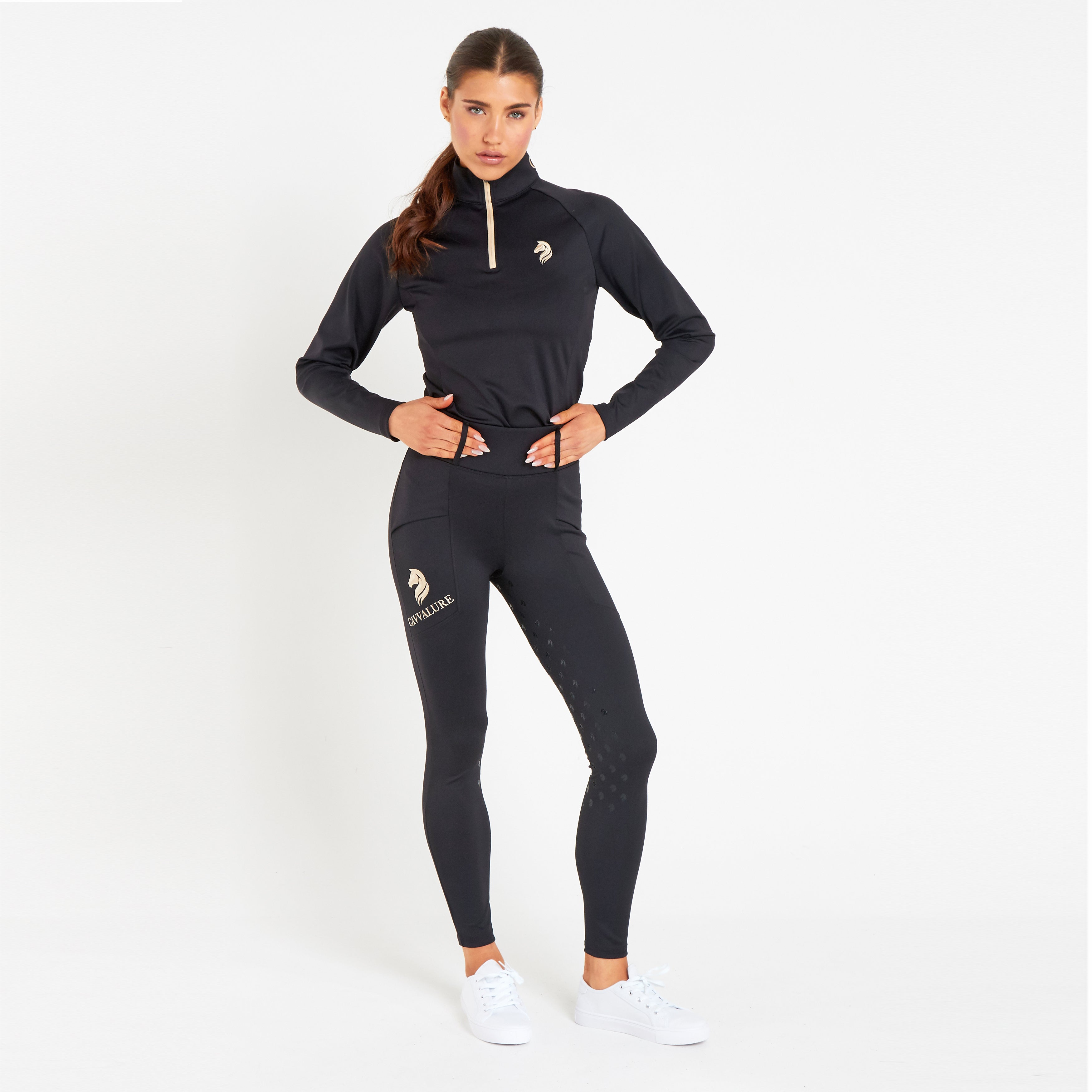 Cavvalure Black full grip equestrian riding leggings – detail view