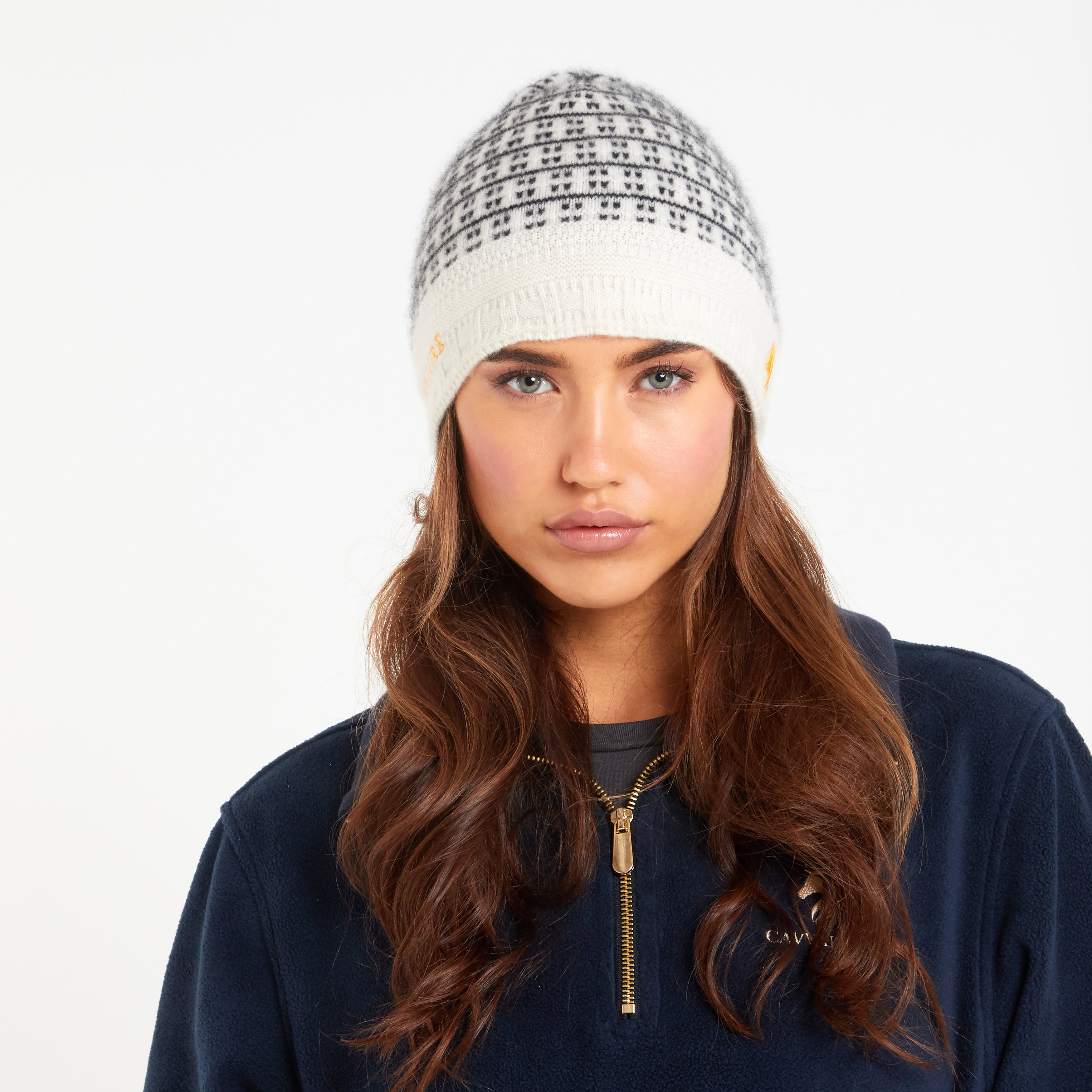 Cavvalure Heritage Jacquard cashmere equestrian beanie – on model