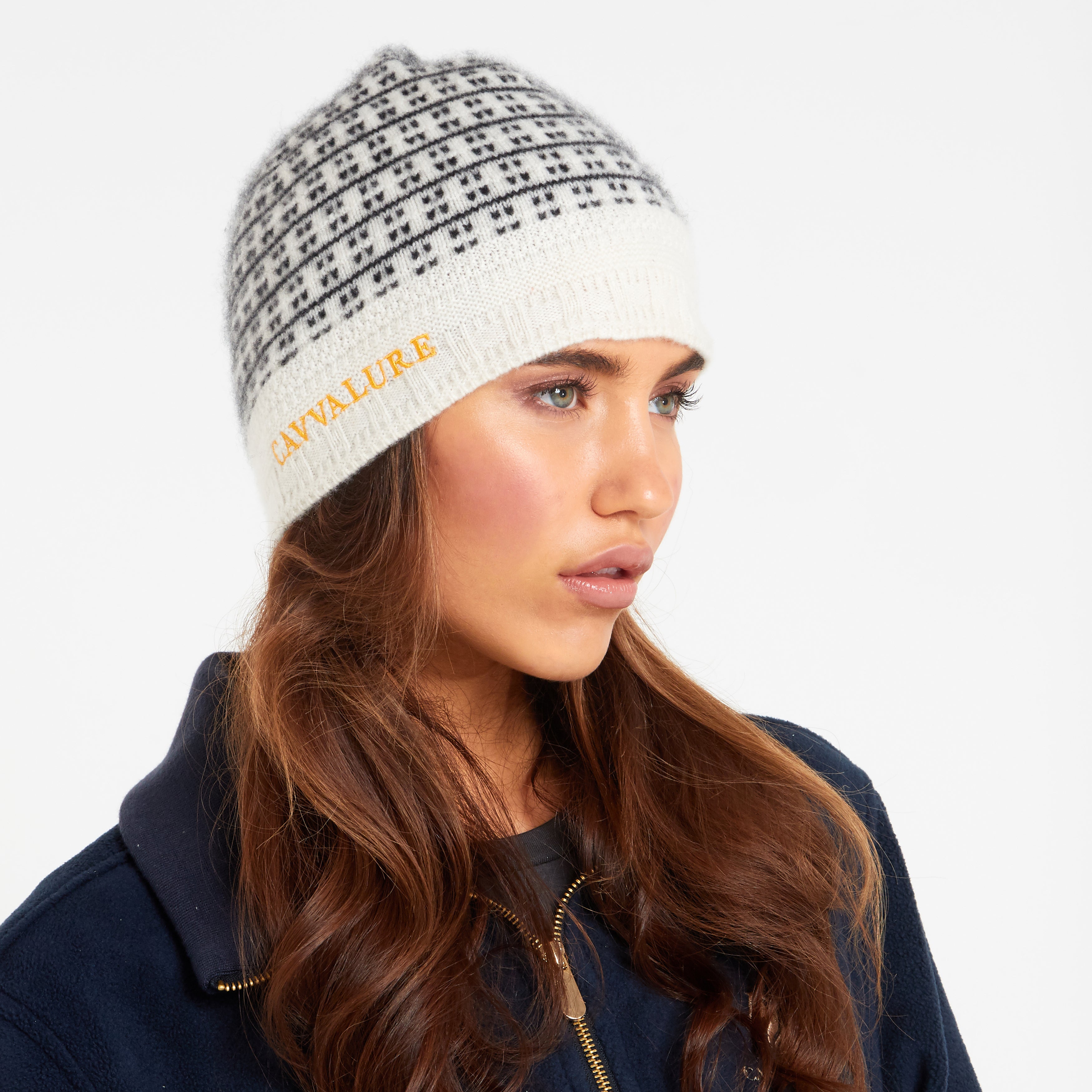 Cavvalure Heritage Jacquard cashmere equestrian beanie – side view
