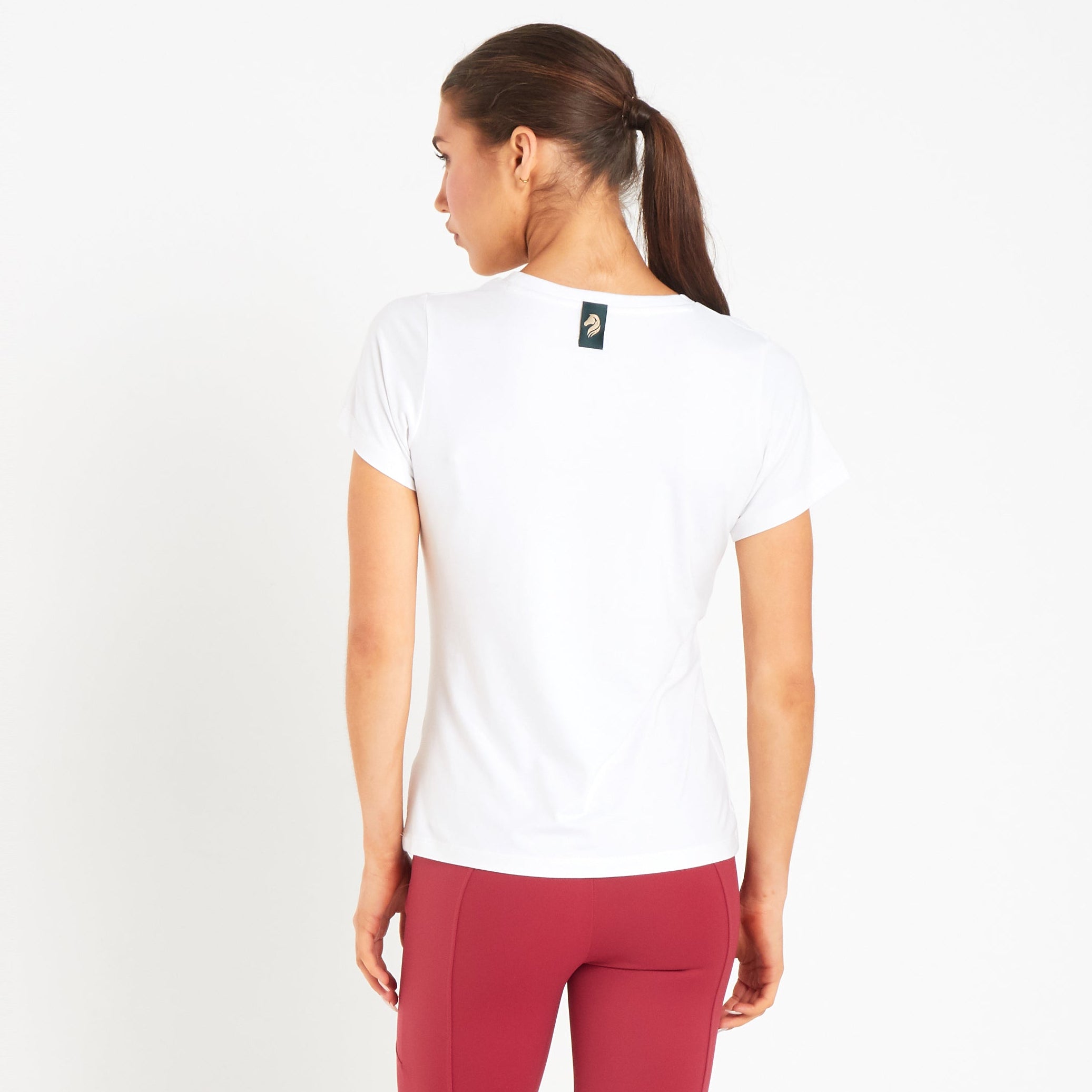 Cavvalure Porcelain Frost bamboo equestrian T-shirt – back view on model