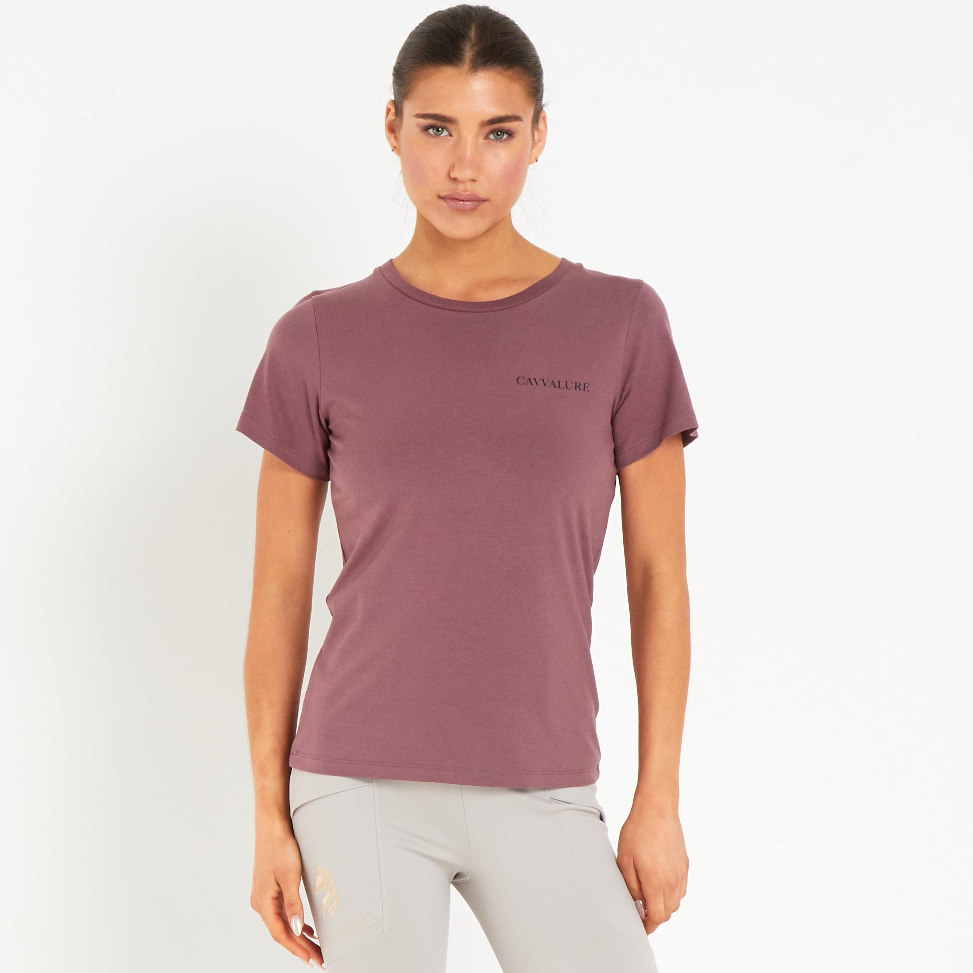 Cavvalure Plum Vale bamboo equestrian T-shirt – front view on model