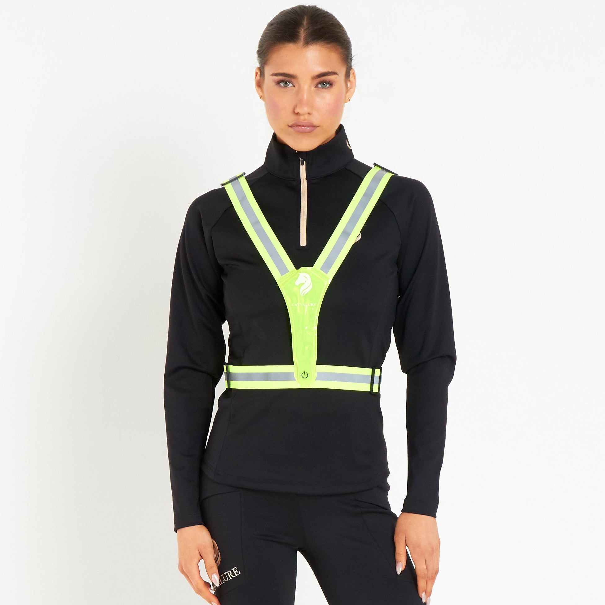 Cavvalure equestrian hi-vis LED safety vest – front view on model